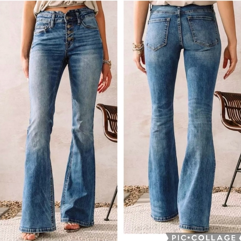 Vervet Jeans Bella High Rise Flare Button Front Faded Blue Wash Denim Sz 29 NEW